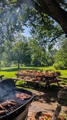 Wall Mural - A summer barbecue with a fully loaded picnic table in the shade of a large oak tree.