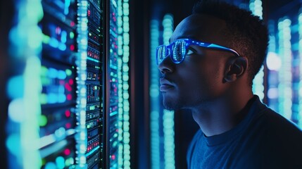 The black African American IT specialist analyzes privacy leaks in a server room technology business on the basis of a cyber security threat illustration concept AI banner.