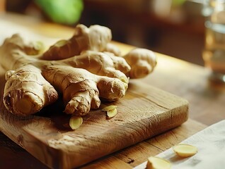 Wall Mural - Fresh Ginger Root on Wooden Cutting Board