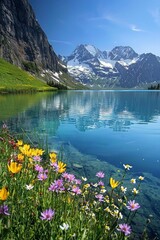 Wall Mural - A serene alpine lake with crystal-clear blue water reflecting the snow-capped peaks of surrounding mountains, dotted with vibrant wildflowers along the shore. 