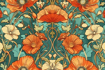 Wall Mural - Vibrant floral pattern with orange poppies and light flowers on a teal background