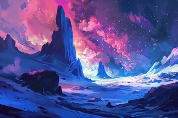Wall Mural - Mystical landscape with vibrant colors and rock formations under a starry sky