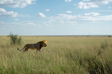 Wall Mural - A solitary lion prowling across the savannah