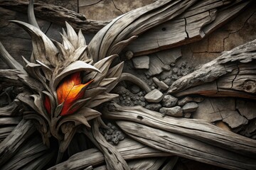 Wall Mural - Intricate wooden carving of a fierce mythical creature.