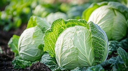 Close-up of fresh white cabbage in garden, green leaves, healthy food, blurred background, natural concept