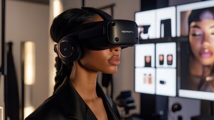 Fototapete - A young woman wearing a VR headset engages with immersive virtual reality content in a contemporary studio.