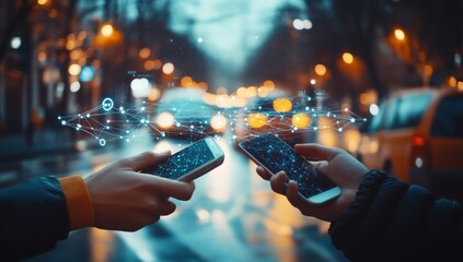 Futuristic Mobile Communication in Urban Nightscape with Digital Network Connections