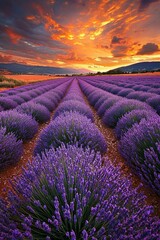 Wall Mural - A vast lavender field in full bloom under a golden sunset, the purple flowers contrasting with the orange and pink sky.