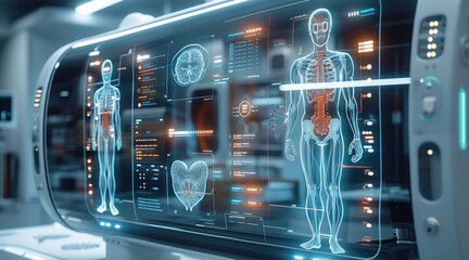 Aufkleber - A high-tech medical scanner with a transparent display, showing 3D anatomical models, real-time diagnostics, and treatment suggestions. Generative AI.