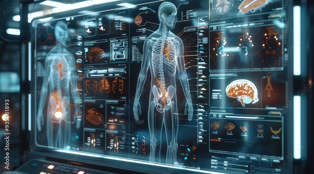 A high-tech medical scanner with a transparent display, showing 3D ...