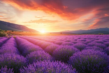 Wall Mural - A vast lavender field in full bloom under a golden sunset, the purple flowers contrasting with the orange and pink sky.