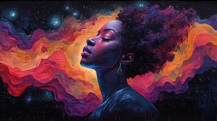 vibrant mural depicting black historical figures emerging from a colorful cosmic background afrofuturistic elements and empowering symbolism