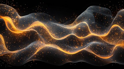 Abstract Golden Wave A closeup perspective of a dynamic glowing wave composed of shimmering particles against a black background