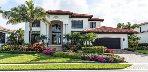 there is a tropical garden in front, gray walls decorated with white details, and a red roof topped 