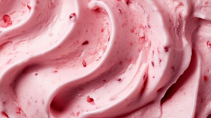 Close-up of pink swirl of raspberry ice cream with visible seeds.