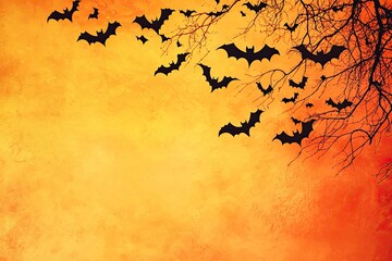 Halloween background with flying bats on orange background. Space for text