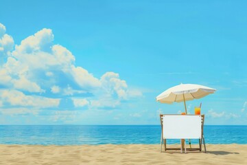 Wall Mural - A chair and an umbrella provide shade on the sandy beach, with the azure sky, oceanic coastal landforms