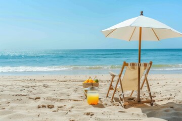 Wall Mural - A chair and an umbrella provide shade on the sandy beach, with the azure sky, oceanic coastal landforms