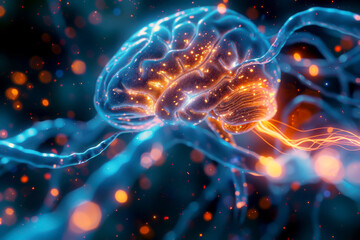 Artistic illustration of a human brain with glowing neurons and synapses in blue and orange colors on a dark background.