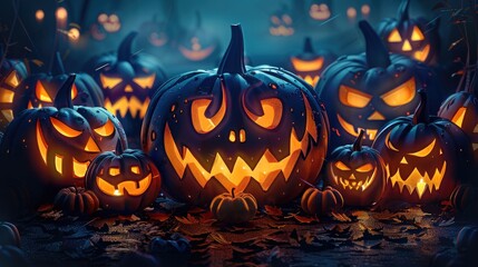 In the darkness at Halloween night, illuminated carved pumpkins with evil faces can be seen. Generative AI.