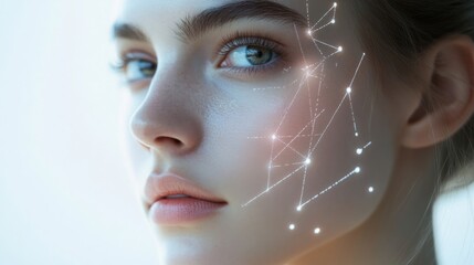 Aufkleber - A serene young woman gazes forward, adorned with glowing constellation patterns that illuminate her cheek.