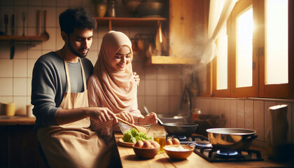 A candid image of a muslim couple cooking dinner together in a modest kitchen, capturing the simple joys of everyday life. The scene is warm, with natural lighting and a real-life setting.