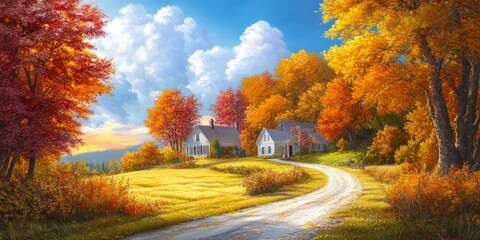  Autumnal landscape with two houses and winding road.