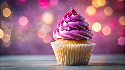 Vibrant cupcake with whipped cream topping against a festive bokeh background, ideal for holiday celebrations and dessert-themed promotions