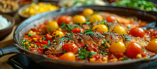 A large fish is being served on the table, with colorful tomato sauce and fresh vegetables as its decoration. 