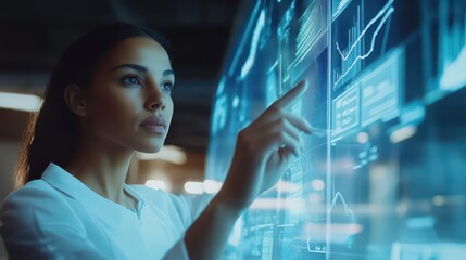 Wall Mural - women executives analyze data on transparent touchscreen futuristic office