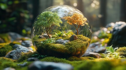 crystal sphere nestled in lush forest miniature ecosystem captured within symbolizes environmental p