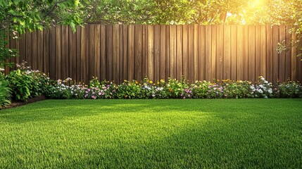 Canvas Print - green grass lawn, flowers and wooden fence in summer backyard garden