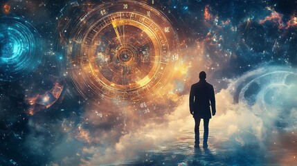 Wall Mural - Close up of photo image of time traveler person in astral world with full numbers numerology concept 