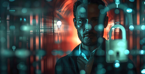 Fototapete - Businessman on blurred background using using digital 3D projection of a padlock. Generative AI.