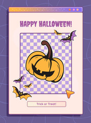 Wall Mural - halloween computer screen with pumpkin and text greeting. decorative poster and celebration card. ve