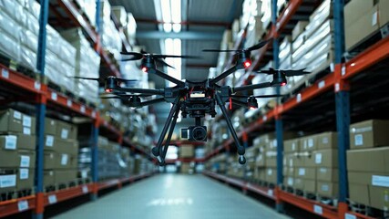 Poster - Drone in the warehouse, autonomous delivery robot is flying in storehouse shipping

