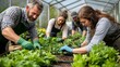 © Thanthara - A group of adults taking a gardening class, planting seeds and tending to plants in a greenhouse, with the instructor demonstrating proper techniques