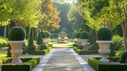 Sticker - A perfectly manicured garden path leading to an exclusive estate with topiaries and fountains 