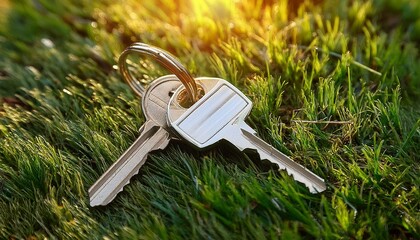 Wall Mural - lost keys in the grass, sunshine,