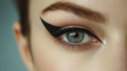 A striking close-up reveals a person's eye accentuated by bold winged eyeliner, set against a gentle backdrop.