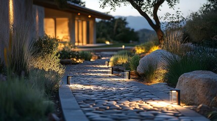 Sticker - Modern solar-powered lights cast a warm glow along a stone garden path, enhancing the ambiance near a house as the evening approaches.