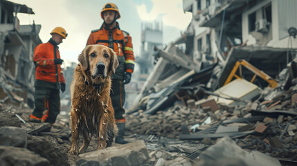 A rescue dog works with rescuers at the site of a disaster after an earthquake.