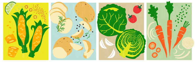 Corn with Chili and Lime - Potatoes, slices and wedges - Cabbage - Tomatoes - Carrots - Onion. Vector illustrations