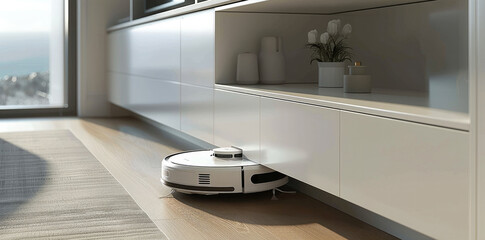 Poster - A white cabinet with a small storage space for a round robot vacuum cleaner at the bottom, in direct contact with the floor. Generative AI.