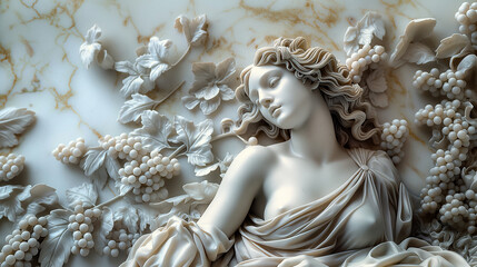 greek statue woman in grape vine on light marble background. antique roman sculpture concept