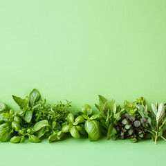 Fresh green herbs in a minimalist vibrant setting on a light green background. Artistic and detailed representation ideal for health, cooking, and lifestyle visuals.