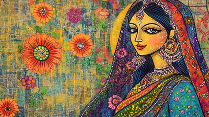 traditional indian woman artwork in vibrant floral setting