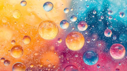 Poster - Top view movement of oil bubbles in the liquid Oil surface multicolored background Fantastic structure of colorful bubbles Colorful artistic image of oil drop floating on the water : Generative AI