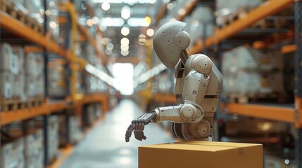 Fototapete - A robot with a strong and agile build, diligently working in a brightly lit warehouse. The robot is carefully lifting and arranging boxes. Generative AI.