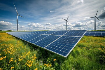 Wall Mural - sustainable energy plant and financial institution with solar panels and wind turbines
